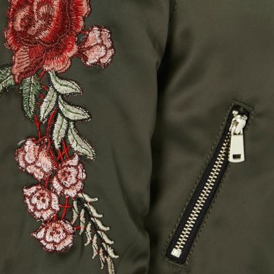 Girls khaki floral appliqu&#233; bomber jacket
